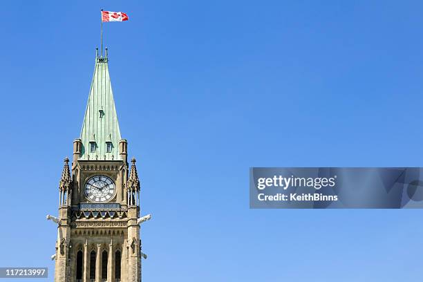 the peace tower with a canadian flag waving in the air - 鐘樓 塔 個照片及圖片檔