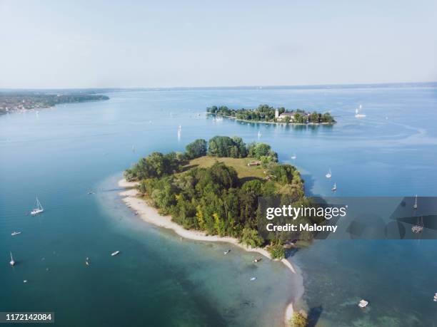 aerial view on fraueninsel, women's island at lake chiemsee. - lake chiemsee 個照片及圖片檔