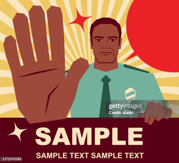 african ethnicity police chief holding blank sign and showing stop gesture with big palm of hand - general military rank stock illustrations