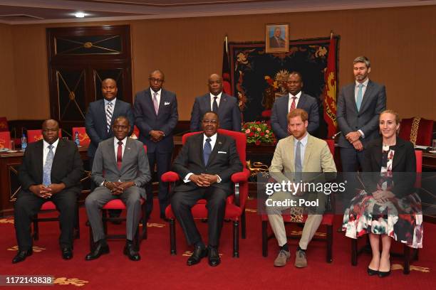 Prince Harry, Duke of Sussex meets with Professor Arthur Peter Mutharika , President of the Republic of Malawi at the State House on day seven of the...