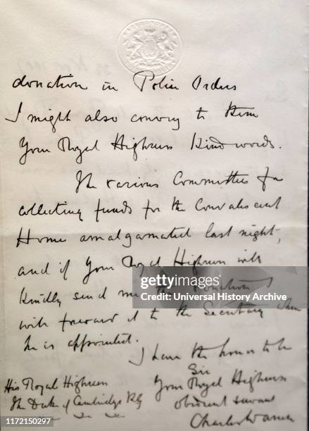 Letter addressed to the Duke of Cambridge by Sir Charles Warren thanking him for his donation to the police office. Sir Charles Warren a British...