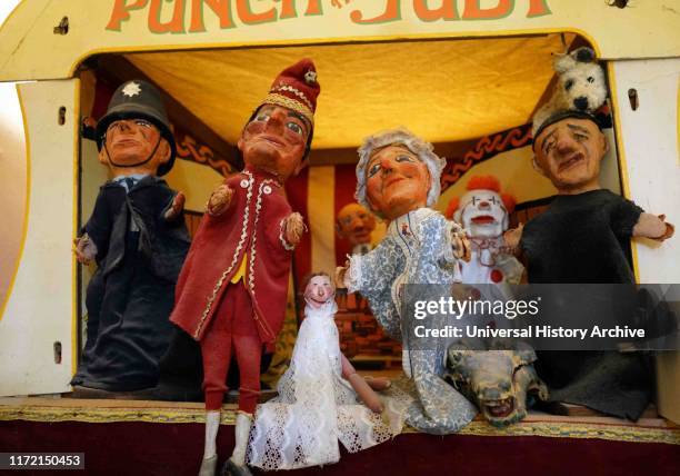 Collection of Punch and Judy characters. Punch and Judy is a traditional puppet show featuring Mr Punch and his wife Judy.