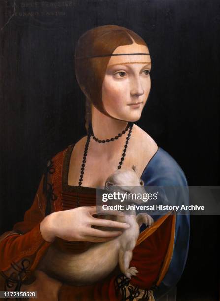 Lady with an Ermine, a painting by Italian artist Leonardo da Vinci, circa 1489-1490. The portrait's subject is Cecilia Gallerani, painted at a time...
