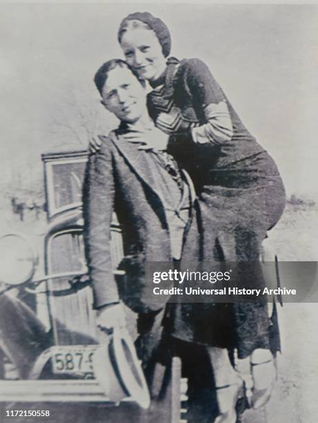 Photograph of Bonnie and Clyde. Bonnie Elizabeth Parker and Clyde Chestnut Barrow American criminals who travelled around the Central United States...