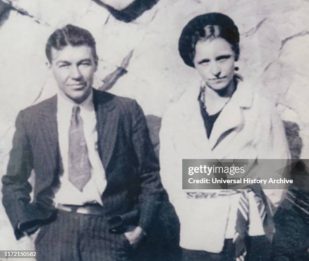 Photograph of Bonnie and Clyde. Bonnie Elizabeth Parker and Clyde Chestnut Barrow American criminals who travelled around the Central United States...