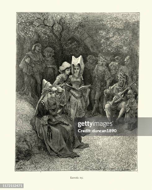 illustrazioni stock, clip art, cartoni animati e icone di tendenza di donne medievali che leggono mentre un menestrello suona musica. orlando furioso - menestrello-persona