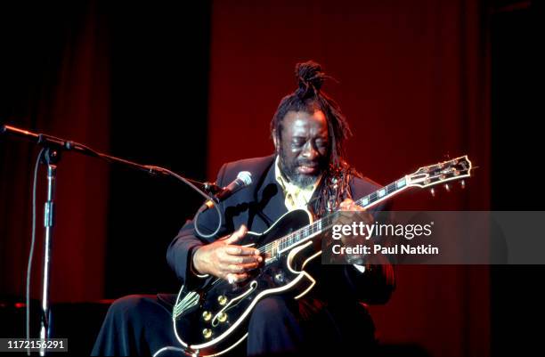 American guitarist James 'Blood' Ulmer performing on stage at the Petrillo Bandshell in Chicago, Illinois, June 2, 2002.