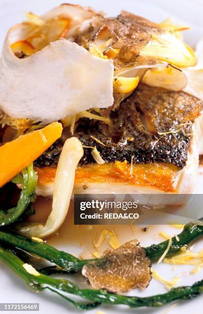 Sea bass slice with pore mushrooms and black truffles, Torre del Saracino restaurant, Vico Equense, Campania, Italy.