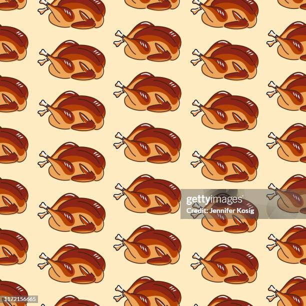 seamless roasted turkey or chicken illustration pattern - roasted chicken vector stock illustrations
