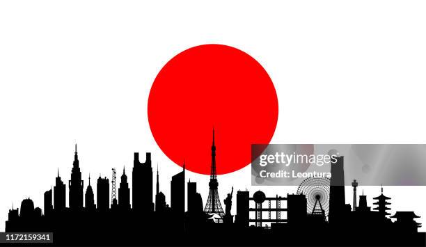 stockillustraties, clipart, cartoons en iconen met japanse vlag met tokio (alle gebouwen zijn compleet en beweegbaar) - shinjuku