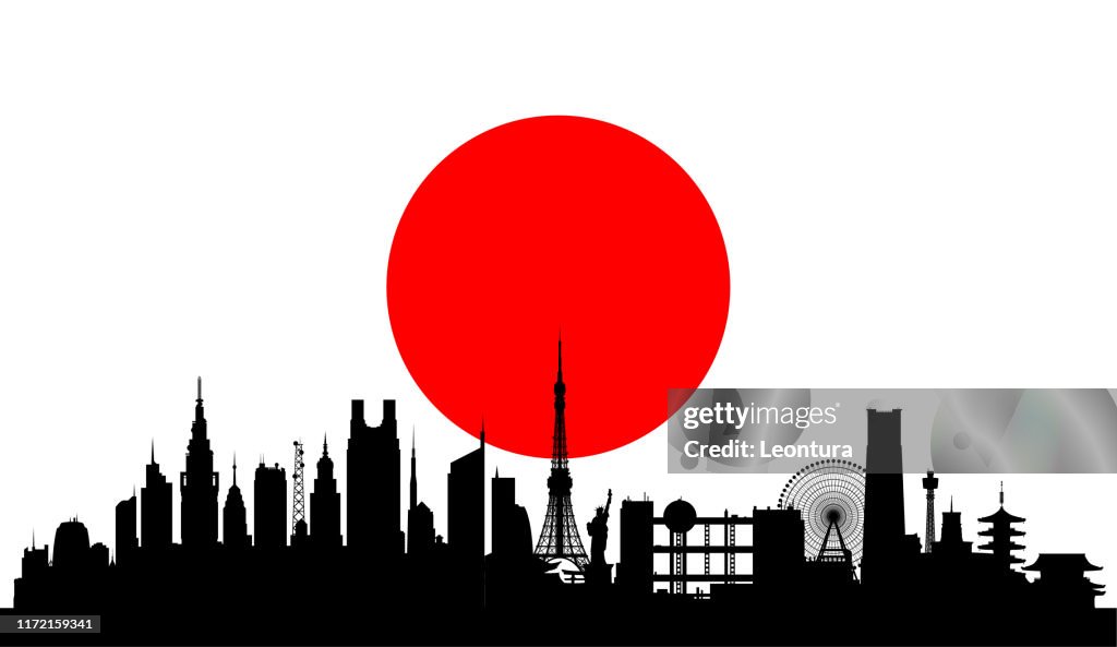 Japanese Flag With Tokyo (All Buildings Are Complete and Moveable)