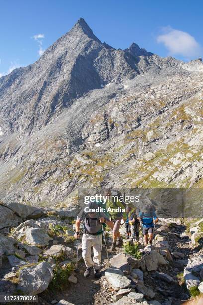 Aussois : group of hikers climbing the Aussois Pass, under the 'Pointe de l'Echelle' peak, in the Vanoise National Park. Group of men with backpacks...