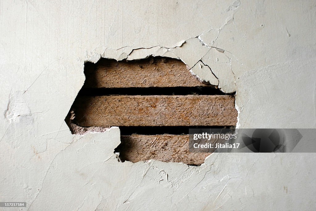 Hole in Plaster Wall - Exposed Wood Paneling