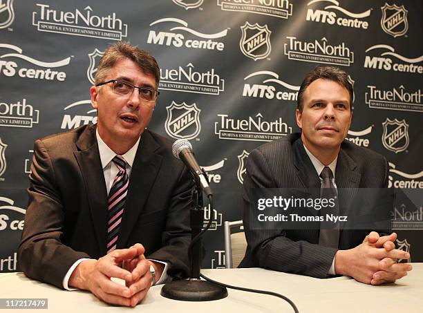 Claude Noel speaks after being named head coach for Winnipeg's new NHL Team by Kevin Cheveldayoff , Executive Vice Preident and General Manager of...