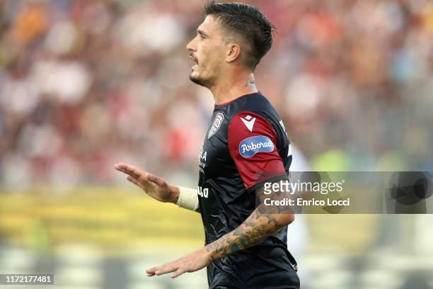 Fabio Pisacane of Cagliari reacts during the Serie A match between Cagliari Calcio and Hellas Verona at Sardegna Arena on September 29, 2019 in...