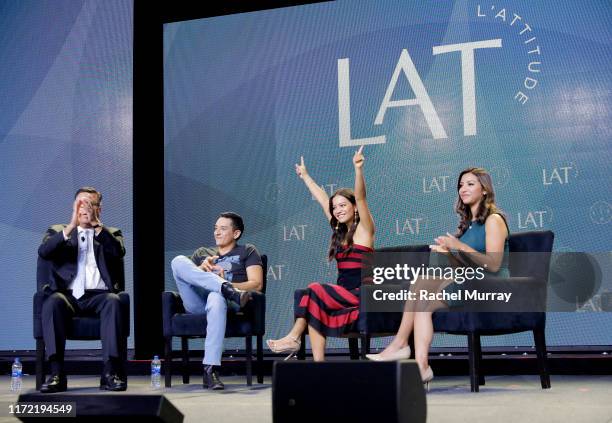 Moderator Gary Acosta, actors Gabriel Luna, Natalia Reyes, and moderator Ana Cristina Sanchez speak onstage at the screening and conversation of...