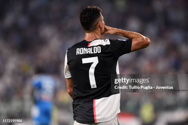 Cristiano Ronaldo of Juventus celebrates after scoring his team's third goal during the Serie A match between Juventus and SSC Napoli at Allianz...