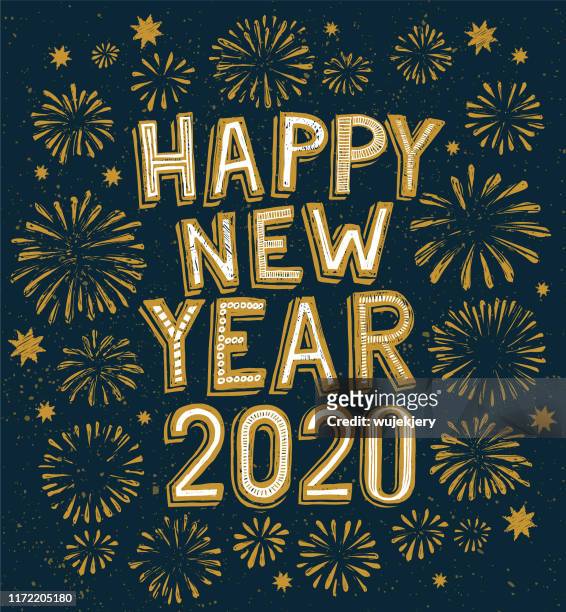 2020 glückliches neujahrs-doodle, feuerwerk im hintergrund - new year 2019 stock-grafiken, -clipart, -cartoons und -symbole