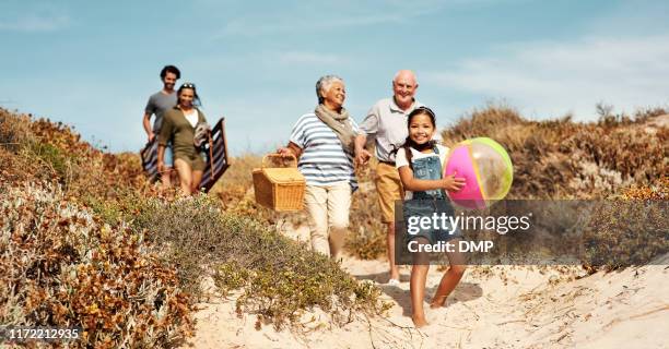 the perfect place for a family summer vacation - multigenerational family beach stock pictures, royalty-free photos & images