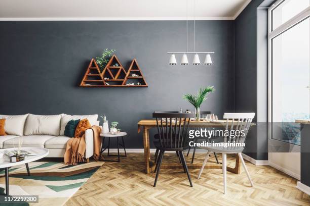 scandinavische stijl woon-en eetkamer - contemporary living space stockfoto's en -beelden