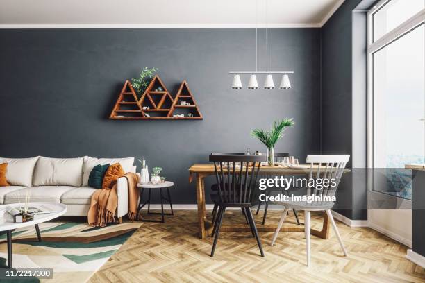 scandinavian style living and dining room - grey color stock pictures, royalty-free photos & images