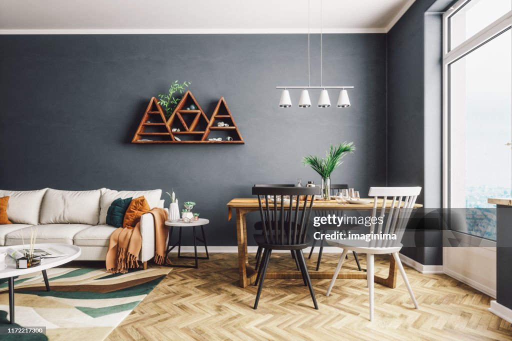 Sala de estar e jantar estilo escandinavo