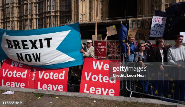 Pro Brexit protesters take part in a demonstration outside the Houses of Parliament on September 04, 2019 in London, England. Last night the Rebel...