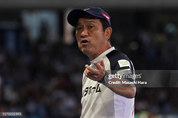 Yahiro Kazama,coach of Nagoya Grampus looks on during the J.League Levain Cup quarter final first leg match between Kawasaki Frontale and Nagoya...