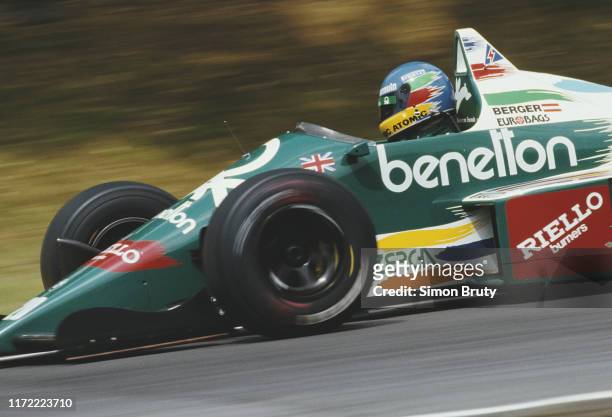 Gerhard Berger of Austria drives the Benetton Formula Benetton B186 BMW M12 turbo during the Shell Oils British Grand Prix on 13 July 1986 at the...