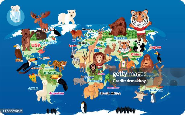 animals world map - penguin stock illustrations