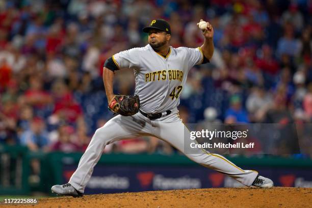 Francisco Liriano of the Pittsburgh Pirates throws a pitch against the Philadelphia Phillies at Citizens Bank Park on August 27, 2019 in...