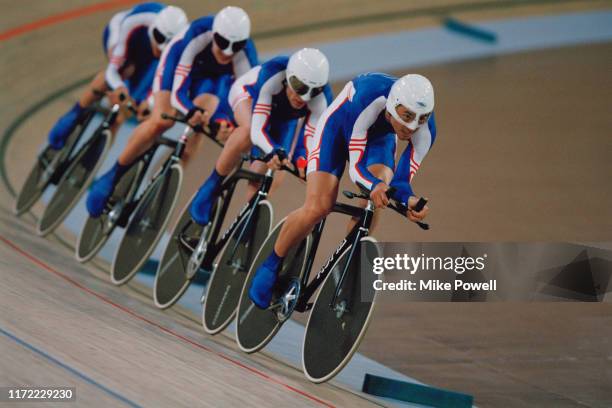 Paul Manning, Chris Newton, Bryan Steel and Bradley Wiggins cycling to third place and the bronzemedal in the Men's Team Pursuit on 18th September...