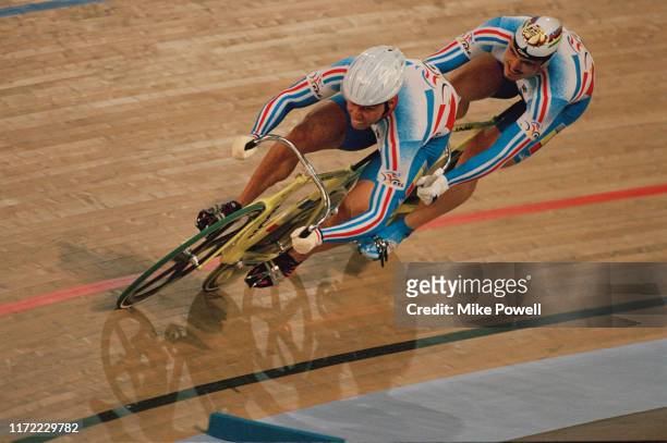 Florian Rousseau and Arnaud Tournant of France cycling in the Men's Team sprint on 17th September 2000 during the XXVII Olympic Summer Games at the...