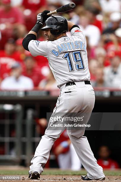Jose Bautista of the Toronto Blue Jays steps up to the plate during the game against the Cincinnati Reds on June 19, 2011 at the Great American Ball...