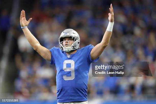 Matthew Stafford of the Detroit Lions celebrates a late fourth quarter touchdown during the game against the Kansas City Chiefs at Ford Field on...