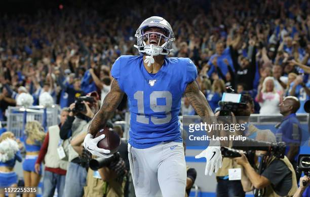 Kenny Golladay of the Detroit Lions celebrates a late fourth quarter touchdown during the game against the Kansas City Chiefs at Ford Field on...