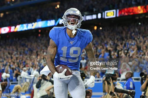 Kenny Golladay of the Detroit Lions celebrates a late fourth quarter touchdown during the game against the Kansas City Chiefs at Ford Field on...