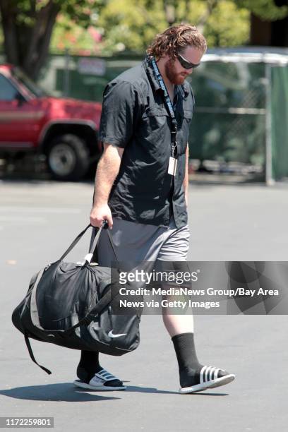 Oakland Raiders' Tony Bergstrom arrives at training camp in Napa, Calif., Wednesday, July 23, 2014.