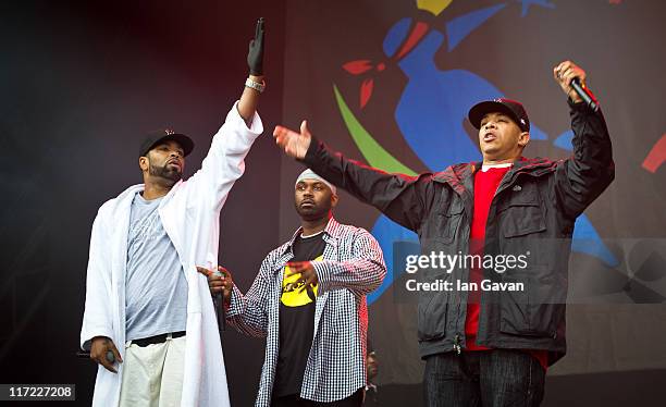 Wu Tang Clan perform live on the pyramid stage during the Glastonbury Festival at Worthy Farm, Pilton on June 24, 2011 in Glastonbury, England. The...