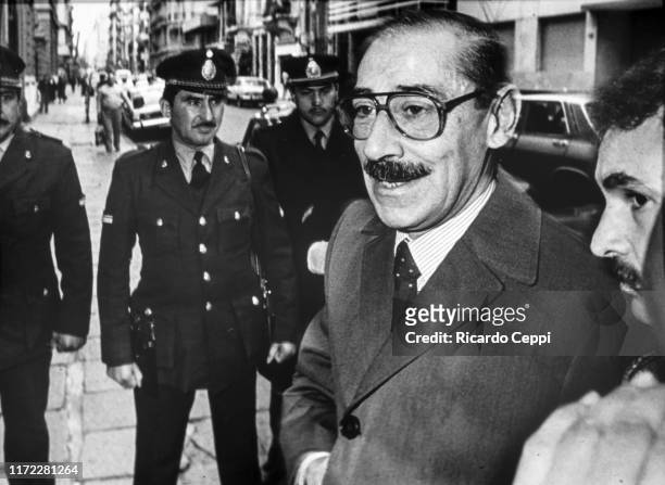 Jorge Rafael Videla, senior commander in the Argentine Army and de facto President of Argentina from 1976 to 1981, arrives to testify at the National...