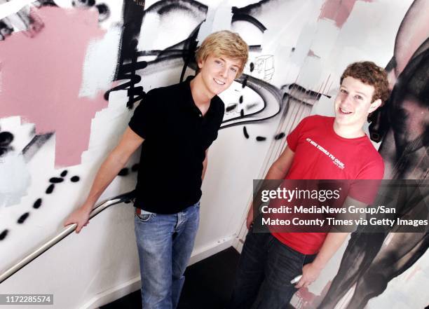 Palo Alto, CA Septmber 1, 2005: Chris Hughes and Mark Zuckerberg, of Facebook, in their Palo Alto location.Facebook is an online social network for...