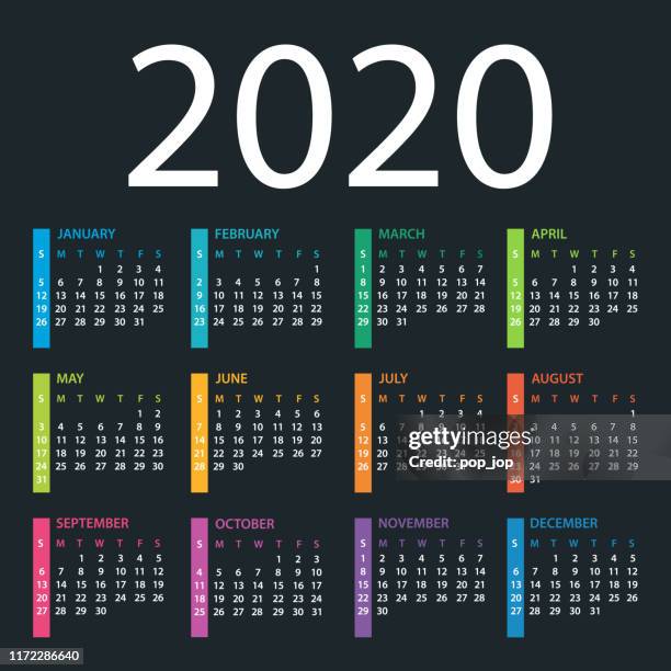 ilustrações, clipart, desenhos animados e ícones de molde 2020 do calendário no fundo escuro. os dias começam a partir de domingo - 2020