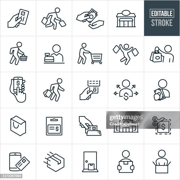 shopping thin line icons - editable stroke - person shopping icon stock illustrations