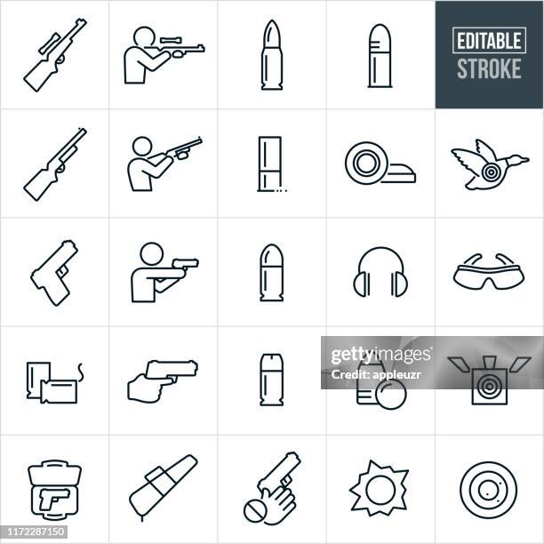 ilustrações de stock, clip art, desenhos animados e ícones de guns and bullets thin line icons - editable stroke - revólver