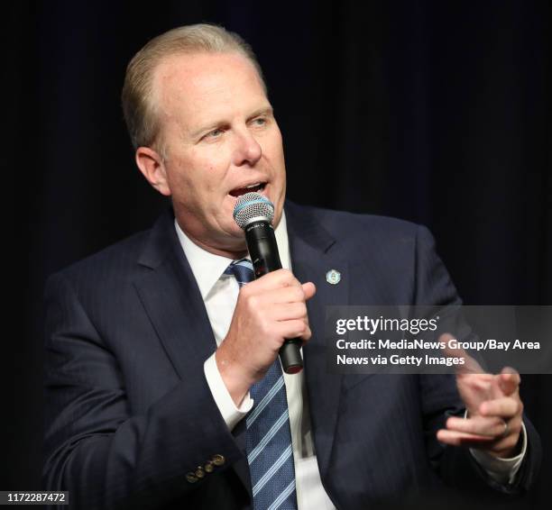 San Diego Mayor Kevin Faulconer speaks during a panel discussion at the Silicon Valley Leadership Group annual luncheon at the Santa Clara Convention...