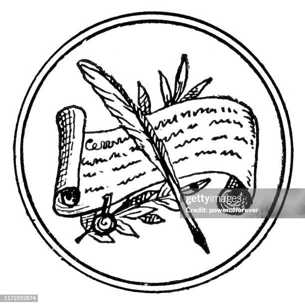 ilustrações de stock, clip art, desenhos animados e ícones de quill pen and scroll - 19th century - pena de escrever
