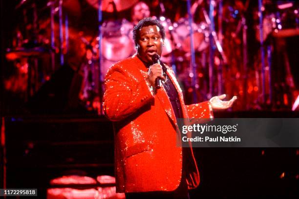 American Soul and R&B singer Luther Vandross performs onstage at the Aire Crown Theater, Chicago, Illinois, January 12, 1984.