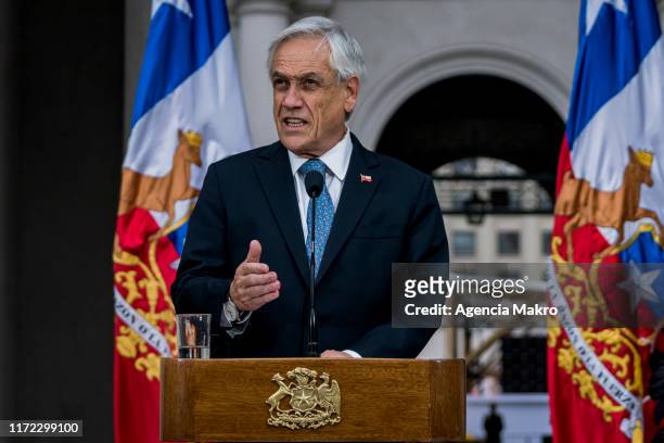 President of Chile Sebastián Piñera delivers a press conference rejecting the accusations made by the President of Brazil Jair Bolsonaro against the...