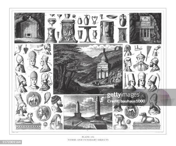 tombs and funerary objects engraving antique illustration, published 1851 - sarcophagus stock illustrations