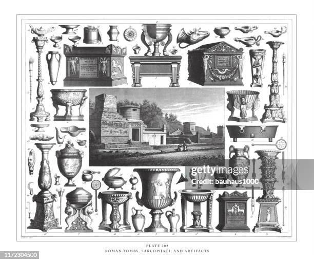 roman tombs, sarcophaci and artifacts engraving antique illustration, published 1851 - baptismal font stock illustrations